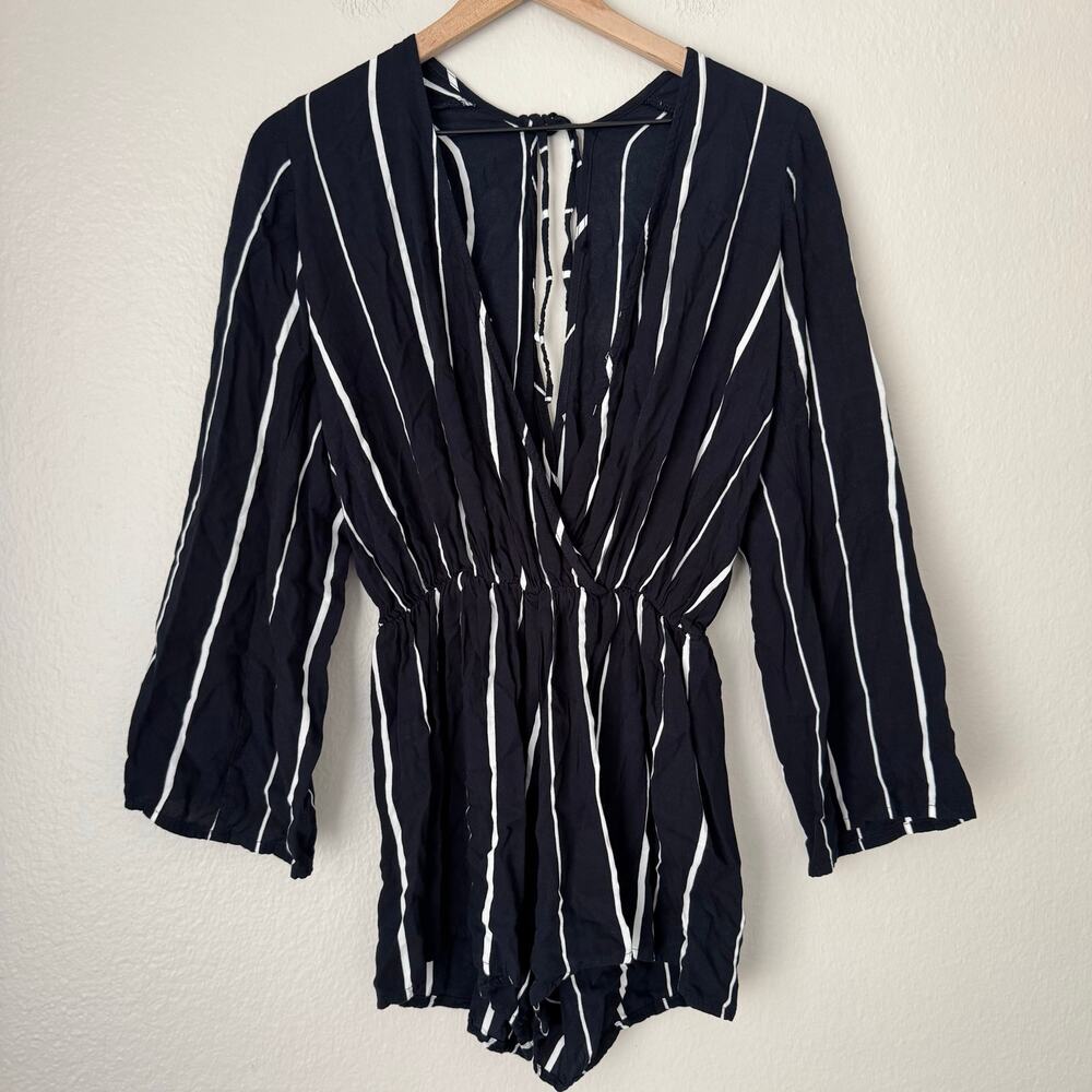 Faithfull The Brand Womens Navy Romper Striped Longsleeve Shorts Size Medium